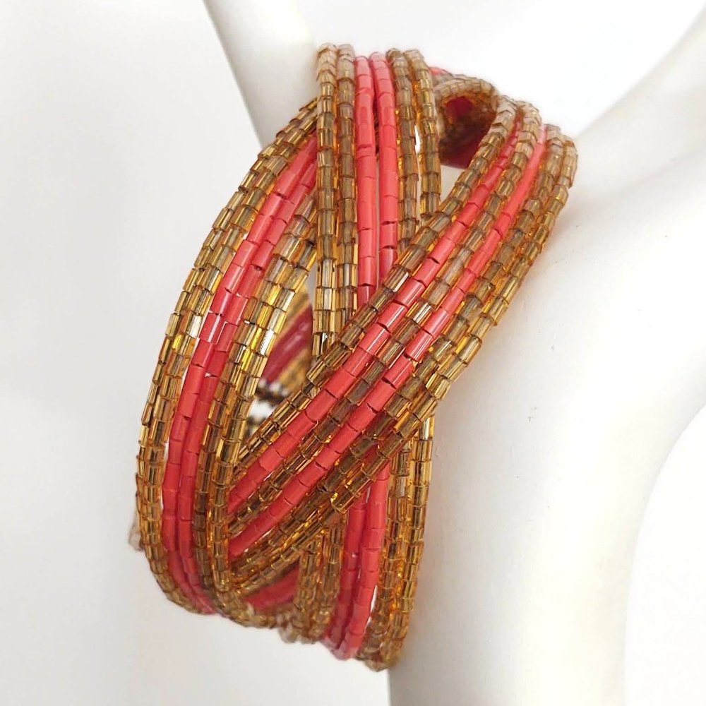Gold and orange bugle bead memory wire cuff